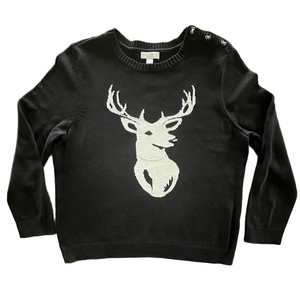 Charter Club Stag Head Design Crewneck Sweater Faux Pearl Detail Black Size PXL